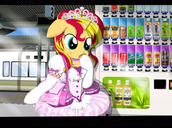 Size: 3500x2600 | Tagged: safe, artist:avchonline, character:sunset shimmer, species:pony, species:unicorn, ballerina, bipedal, can, canterlot royal ballet academy, clothing, coca-cola, cute, dress, female, floppy ears, japanese, juice, lemonade, mare, minute maid, product placement, shimmerbetes, shimmerina, solo, sprite, the coca-cola company, train, train station, tutu, vending machine, yen