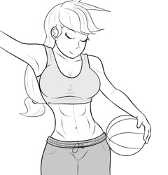 Size: 854x890 | Tagged: safe, artist:matchstickman, character:applejack, species:human, abs, armpits, basketball, belly button, breasts, busty applejack, clothing, eyes closed, female, humanized, monochrome, smiling, solo, sports, sports bra, sports shorts