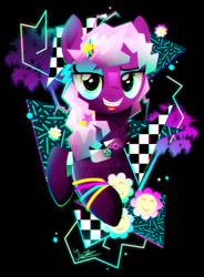 Size: 800x1087 | Tagged: safe, artist:ii-art, character:cheerilee, species:earth pony, species:pony, 80s, 80s cheerilee, alternate hairstyle, braces, chromatic aberration, female, mare, open mouth, retrowave, solo, synthwave