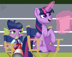 Size: 2362x1890 | Tagged: safe, artist:php97, character:spike, character:twilight sparkle, character:twilight sparkle (alicorn), species:alicorn, species:pony, episode:horse play, g4, my little pony: friendship is magic, chair, clothing, director's chair, glowing horn, happy, hat, levitation, magic, scene interpretation, script, telekinesis, theater
