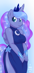 Size: 524x1100 | Tagged: safe, artist:onnanoko, character:princess luna, species:alicorn, species:anthro, species:pony, clothing, curvy, cute, dress, female, jewelry, looking at you, solo