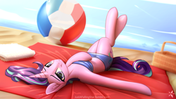 Size: 3840x2160 | Tagged: safe, alternate version, artist:justafallingstar, character:starlight glimmer, species:pony, species:unicorn, basket, beach, beach ball, bedroom eyes, clothing, cute, female, glimmerbetes, high res, looking at you, lying down, mare, on back, pinup, sand, smiling, solo, summer