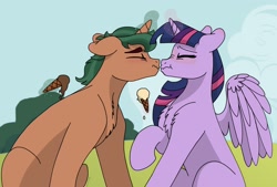Size: 2048x1387 | Tagged: safe, artist:pastel-charms, character:timber spruce, character:twilight sparkle, character:twilight sparkle (alicorn), species:alicorn, species:pony, ship:timbertwi, female, food, ice cream, kissing, magic, male, shipping, straight