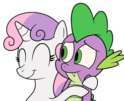 Size: 2149x1741 | Tagged: safe, artist:eagc7, character:spike, character:sweetie belle, species:dragon, species:pony, species:unicorn, ship:spikebelle, cute, dawwww, female, filly, hug, male, shipping, simple background, smiling, straight, transparent background