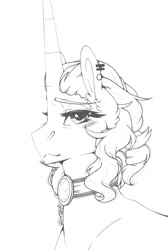 Size: 859x1279 | Tagged: safe, artist:nightmare-moons-throneroom, character:princess luna, species:pony, alternate hairstyle, black and white, collar, ear piercing, earring, equalized, female, grayscale, jewelry, long horn, looking at you, mare, monochrome, piercing, simple background, sketch, solo, white background