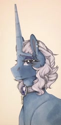 Size: 630x1280 | Tagged: safe, artist:nightmare-moons-throneroom, character:princess luna, species:pony, alternate hair color, alternate hairstyle, collar, ear piercing, earring, equalized, female, jewelry, long horn, looking at you, mare, piercing, simple background, solo