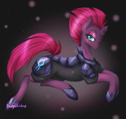 Size: 1563x1484 | Tagged: safe, artist:bunnywhiskerz, character:tempest shadow, species:pony, species:unicorn, my little pony: the movie (2017), abstract background, armor, broken horn, colored pupils, eye scar, female, lidded eyes, looking at you, mare, scar, signature, solo