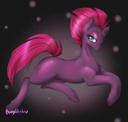 Size: 1563x1484 | Tagged: safe, alternate version, artist:bunnywhiskerz, character:tempest shadow, species:pony, species:unicorn, abstract background, blank flank, broken horn, colored pupils, eye scar, female, lidded eyes, looking at you, mare, scar, signature, solo