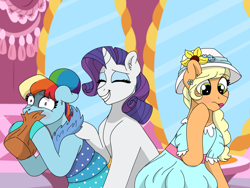 Size: 2048x1536 | Tagged: safe, artist:pastel-charms, character:applejack, character:rainbow dash, character:rarity, species:pony, and then there's rarity, applejack also dresses in style, bag, clothing, dress, forced makeover, hat, horrified, hyperventilating, lost bet, mirror, model, modeling, paper bag, rainbow dash always dresses in style