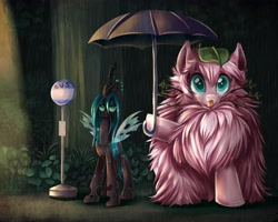 Size: 4500x3600 | Tagged: safe, artist:jadedjynx, character:queen chrysalis, oc, oc:fluffle puff, species:changeling, species:pony, ship:chrysipuff, blep, bus stop, canon x oc, changeling queen, crossover, female, fluffy, frown, hoof hold, leaf, lesbian, macro, mare, my neighbor totoro, parody, rain, shipping, size difference, studio ghibli, tongue out, tree, tree branch, umbrella, unamused, wet