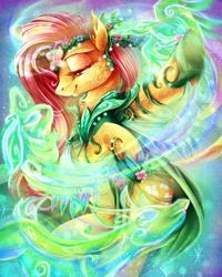 Size: 1800x2250 | Tagged: safe, artist:jadedjynx, part of a set, character:fluttershy, species:pegasus, species:pony, clothing, dress, druid, fantasy class, female, flutterdruid, headdress, incorrect hand anatomy, lidded eyes, majestic, mare, smiling, solo, spirit
