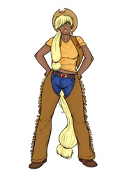 Size: 900x1238 | Tagged: safe, artist:aphexangel, artist:danerboots, character:applejack, species:human, belt, boots, chaps, clothing, cowboy boots, dark skin, female, humanized, jeans, midriff, open mouth, pants, simple background, solo, tailed humanization, vest, white background