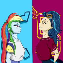 Size: 2500x2500 | Tagged: safe, artist:albertbm, character:indigo zap, character:rainbow dash, my little pony:equestria girls, clothing, crystal prep shadowbolts, female, goggles, shirt, smiling, wondercolts
