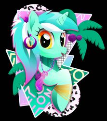 Size: 800x901 | Tagged: safe, artist:ii-art, character:lyra heartstrings, species:earth pony, species:pony, species:unicorn, 80s, female, mare, open mouth, ponytail, smiling, solo, synthwave