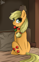 Size: 1772x2835 | Tagged: safe, artist:php97, character:applejack, species:pony, apple, bed, collar, ear fluff, female, food, looking at you, looking back, looking back at you, mouth hold, pet tag, pony pet, solo