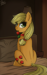 Size: 1772x2835 | Tagged: safe, artist:php97, character:applejack, species:pony, apple, bed, collar, ear fluff, female, food, looking at you, looking back, looking back at you, mouth hold, pet tag, pony pet, remake, solo