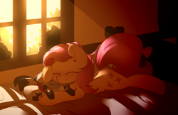 Size: 4120x2664 | Tagged: safe, artist:bloodatius, character:fluttershy, species:pegasus, species:pony, animal, bed, commission, cute, eyes closed, female, mare, shyabetes, sleeping, smiling, wingless