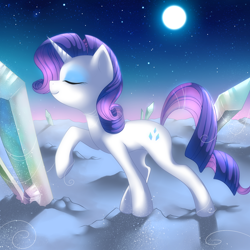 Size: 2000x2000 | Tagged: safe, artist:jacky-bunny, character:rarity, species:pony, species:unicorn, crystal, female, high res, mare, moon, night, raised hoof, smiling, solo