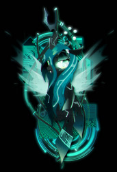 Size: 1000x1458 | Tagged: safe, artist:ii-art, character:queen chrysalis, species:changeling, black background, circuit board, cool, cyberpunk, electronic, female, simple background, smiling, solo, synthwave, transparent wings