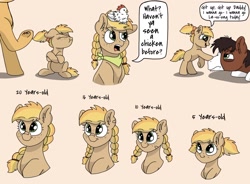 Size: 1772x1307 | Tagged: safe, artist:pastel-charms, character:applejack, character:trouble shoes, oc, oc:apple butter, parent:applejack, parent:trouble shoes, parents:troublejack, species:bird, species:chicken, species:pony, age progression, bust, female, filly, hen, mare, offspring, pill, portrait