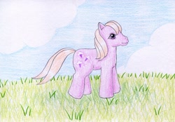 Size: 1024x711 | Tagged: safe, artist:normaleeinsane, character:baby lickety split, g1, female, grass, solo, traditional art