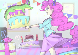 Size: 4093x2894 | Tagged: safe, artist:hosikawa, character:gummy, character:pinkie pie, my little pony:equestria girls, cake, clothing, cute, female, food, happy birthday, hat, heart, party hat, ponytail, skirt