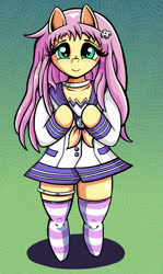Size: 789x1323 | Tagged: safe, artist:cabrony, character:fluttershy, blushing, clothing, crossover, cute, female, hyperdimension neptunia, nepgear, redraw, semi-anthro, shyabetes, smiling, socks, solo, striped socks