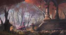 Size: 2280x1232 | Tagged: safe, artist:shamanguli, character:trixie, species:pony, species:unicorn, autumn, building, cloak, clothing, female, forest, mare, scenery, scenery porn, solo, tree