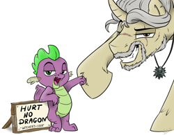 Size: 1024x799 | Tagged: safe, artist:rutkotka, character:spike, species:dragon, species:pony, species:unicorn, code, comic style, funny, geralt of rivia, hoofbump, male, stallion, the witcher, winged spike, wings