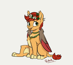Size: 900x800 | Tagged: safe, artist:rutkotka, species:pony, species:sphinx, big cat, cute, female, floral head wreath, flower, hybrid, jewelry, lion, mare, medic, medic shani, necklace, quadrupedal, sitting, the witcher, wings