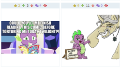 Size: 487x275 | Tagged: safe, artist:rutkotka, edit, edited screencap, editor:useraccount, screencap, character:spike, character:twilight sparkle, species:dragon, species:pony, species:unicorn, derpibooru, episode:all bottled up, g4, my little pony: friendship is magic, abuse, code, comic, comic book, comic style, funny, geralt of rivia, hoofbump, image macro, juxtaposition, juxtaposition win, male, meme, meta, reading, spikeabuse, stallion, the witcher, torture, winged spike, wings