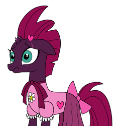Size: 1843x1924 | Tagged: safe, artist:eagc7, character:fizzlepop berrytwist, character:tempest shadow, species:pony, species:unicorn, my little pony: the movie (2017), bow, broken horn, clothing, dress, embarrassed, eye scar, female, floppy ears, flower, frown, heart, horrified, mare, pretty pretty tempest, sad, scar, scar on the wrong side, simple background, skirt, solo, tomboy taming, transparent background