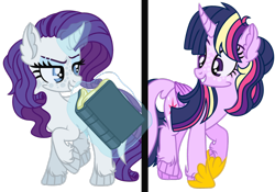 Size: 1024x718 | Tagged: safe, artist:bezziie, character:rarity, character:twilight sparkle, character:twilight sparkle (alicorn), species:alicorn, species:pony, alternate design, book, curved horn, flawless, magic, simple background, transparent background