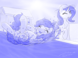 Size: 1024x768 | Tagged: safe, artist:novaintellus, character:pinkie pie, character:rarity, species:earth pony, species:pony, species:unicorn, clothing, eyes closed, female, mare, monochrome, one-piece swimsuit, splash, splashing, swimming pool, swimsuit