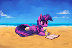 Size: 1200x800 | Tagged: safe, artist:lollipony, character:twilight sparkle, character:twilight sparkle (alicorn), species:alicorn, species:pony, newbie artist training grounds, atg 2018, beach, book, cloud, cocktail umbrella, cute, drink, female, mare, prone, sky, solo