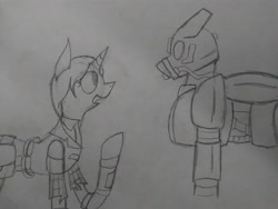 Size: 2560x1920 | Tagged: safe, artist:derpanater, oc, oc only, oc:cloud dancer, oc:daisy ropes, species:pegasus, species:pony, species:unicorn, fallout equestria, armor, clothing, enclave, enclave armor, grand pegasus enclave, pipbuck, power armor, traditional art