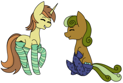 Size: 2641x1801 | Tagged: safe, artist:midnightamber, character:nougat praliné, species:earth pony, species:pony, species:unicorn, background pony, cinnabon (character), clothing, cute, duo, eyes closed, female, mare, simple background, sitting, smiling, socks, striped socks, thigh highs, white background