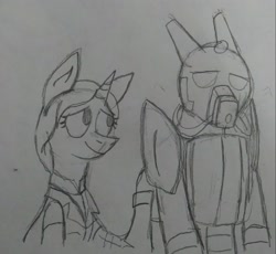 Size: 1809x1663 | Tagged: safe, artist:derpanater, oc, oc only, oc:cloud dancer, oc:daisy ropes, species:pony, species:unicorn, fallout equestria, armor, clothing, comforting, enclave, enclave armor, grand pegasus enclave, power armor, sad, traditional art