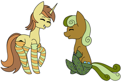 Size: 2641x1801 | Tagged: safe, artist:icey-wicey-1517, artist:midnightamber, edit, character:nougat praliné, species:earth pony, species:pony, species:unicorn, background pony, cinnabon (character), clothing, collaboration, color edit, colored, duo, eyes closed, female, mare, simple background, sitting, smiling, socks, striped socks, thigh highs, white background