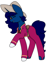 Size: 1553x2055 | Tagged: safe, artist:midnightamber, oc, oc only, oc:midnight, species:alicorn, species:pony, alicorn oc, belt, clothing, cosplay, costume, disney, female, gloves, hat, holster, mare, one eye closed, panchito pistoles, simple background, solo, sombrero, the three caballeros, transparent background, wink