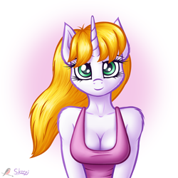 Size: 800x800 | Tagged: safe, artist:hikariviny, artist:skorpionletun, oc, oc only, oc:snow veil, species:anthro, species:pony, species:unicorn, anthro oc, breasts, cleavage, digital art, female, looking at you, signature, simple background, solo, ych result