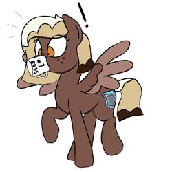 Size: 3000x3000 | Tagged: safe, artist:besttubahorse, oc, oc:sweet mocha, species:pegasus, species:pony, black outlines, coffee mug, colored sketch, exclamation point, freckles, mug, raised hoof, silly, simple background, sketch, spread wings, stuck, surprised, white background, wings