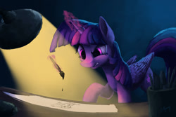 Size: 1500x1000 | Tagged: safe, artist:lollipony, character:twilight sparkle, character:twilight sparkle (alicorn), species:alicorn, species:pony, newbie artist training grounds, atg 2018, drawing, female, lamp, mare, solo, twilight is not amused, unamused