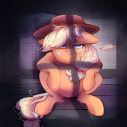 Size: 1200x1200 | Tagged: safe, artist:jumblehorse, artist:v747, character:applejack, species:earth pony, species:pony, clothing, collaboration, cowboy hat, female, hat, male, mare, slav squat, solo, stallion, stetson, straw in mouth