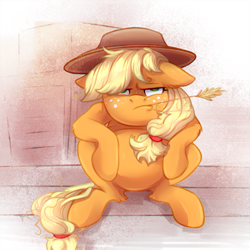 Size: 1200x1200 | Tagged: safe, artist:jumblehorse, artist:v747, character:applejack, species:earth pony, species:pony, clothing, collaboration, cowboy hat, female, hat, mare, slav squat, solo, stetson, straw in mouth
