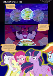 Size: 5784x8176 | Tagged: safe, artist:jeremy3, character:fluttershy, character:lord tirek, character:pinkie pie, character:rainbow dash, character:rarity, character:twilight sparkle, character:twilight sparkle (alicorn), species:alicorn, species:centaur, species:earth pony, species:pegasus, species:pony, species:unicorn, comic:behind me, absurd resolution, alternate universe, comic, eyepatch, multiverse, planet, scar