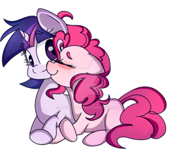 Size: 1024x955 | Tagged: safe, artist:applerougi, character:pinkie pie, character:twilight sparkle, species:earth pony, species:pony, species:unicorn, ship:twinkie, blushing, cute, deviantart watermark, eyes closed, female, lesbian, mare, nuzzling, shipping, simple background, smiling, transparent background, watermark