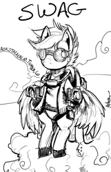 Size: 452x700 | Tagged: safe, artist:aphexangel, character:scootaloo, species:pegasus, species:pony, ask stalkerloo, female, goggles, monochrome, solo, steampunk