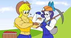 Size: 1536x824 | Tagged: safe, artist:matchstickman, character:applejack, character:rarity, species:human, abs, apple, applejacked, barrel, biceps, clothing, cowboy hat, duo, duo female, female, flexing, food, gem, gloves, hat, hill, humanized, miner, muscles, muscular female, overalls, pickaxe, ribbon, ripped rarity, shoulder bag, smiling, stetson, whistling