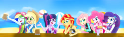 Size: 6545x1975 | Tagged: safe, artist:xan-gelx, character:applejack, character:fluttershy, character:pinkie pie, character:rainbow dash, character:rarity, character:sunset shimmer, character:twilight sparkle, character:twilight sparkle (scitwi), species:eqg human, equestria girls:forgotten friendship, g4, my little pony: equestria girls, my little pony:equestria girls, beach, can, cap, cider, clothing, cowboy hat, glass, glasses, hat, humane five, humane seven, humane six, juice, lemonade, mug, ocean, one eye closed, open mouth, sand, sitting, stetson, straw, swimsuit, table, tankard, wink